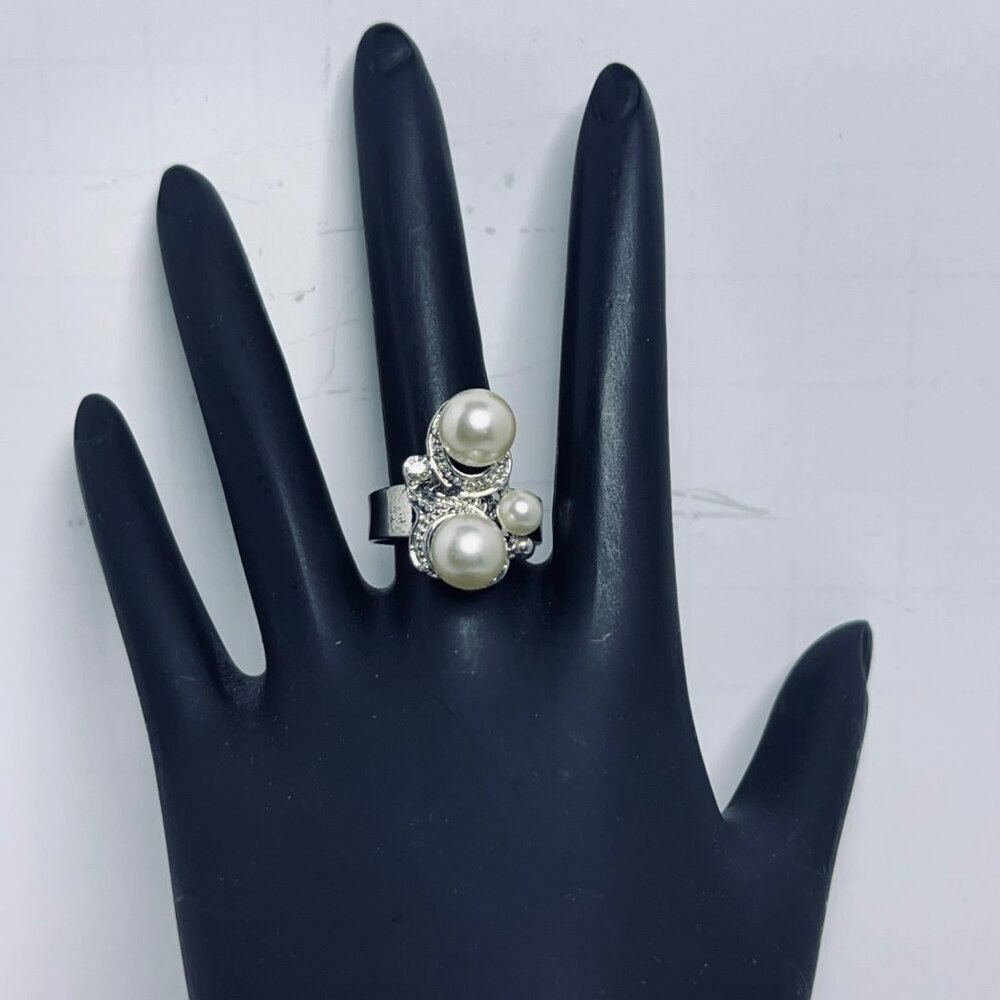 Silver Tone Statement Adjustable Ring W/ 3 Faux Pearls & Crystal Accents (R435)
